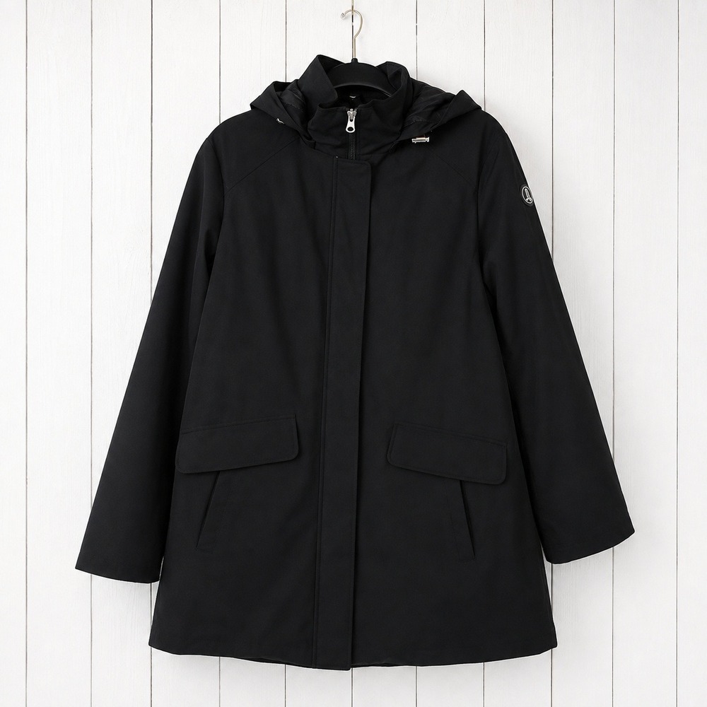 Lands End Black Hooded Parka Jacket Womens Large Full Zip Lighthouse Logo